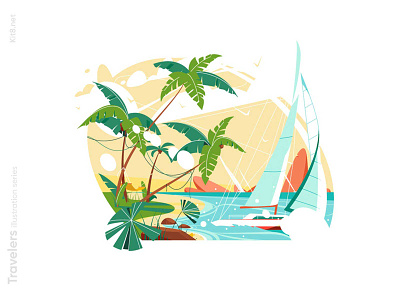 Landscape of ocean shore illustration character flat illustration kit8 landscape ocean shore summer travelers vector