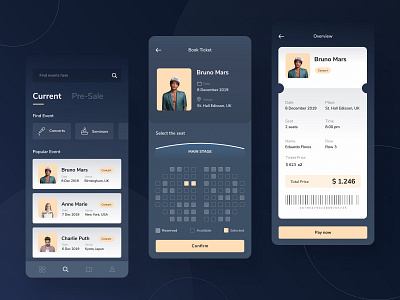 Event mobile design 🎟 card clean dark dashboad details elegant event icon illustration landing list menu mobile payment photo search ticket ui wallet website