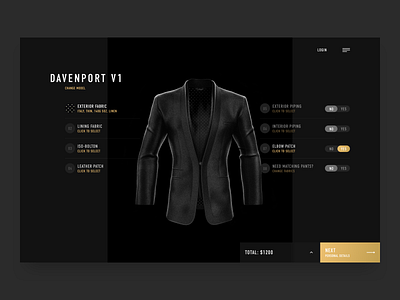 Davenport black blazer cart clean customize dark design eccomerce fashion list male minimal modern order render sketch style switch ui ux