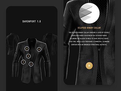 Davenport app black blazer clean dark details fashion gold iphone minimal mobile modal modern points preview responsive sketch style ui ux