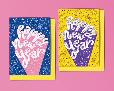 Happy New Year 3d lettering blue botanical bubbles celebration celestial florals greeting card hand lettering illustration illustrative lettering intricate pink playful purple seasonal typography whimsical yellow youthful