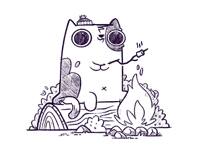 Camping Cat Sketch WIP blake stevenson camping cartoon cat character design cute explore eyes fire hipster illustration jetpacks and rollerskates marshmellow retro toque wilderness