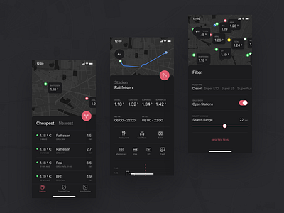 Fuel App | Dark Mode app bottom sheet dark dark mode design filter flat fuel gas gas station graph ios list map minimal mobile red typography ui ux