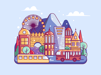 City city color cute design flat illustration line lineart snow town ui