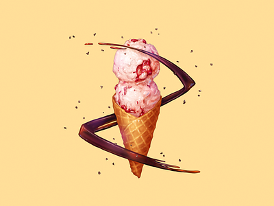 Strawberry Honey Balsamic with Black Pepper black pepper dessert food honey balsamic ice cream illustration strawberry waffle cone