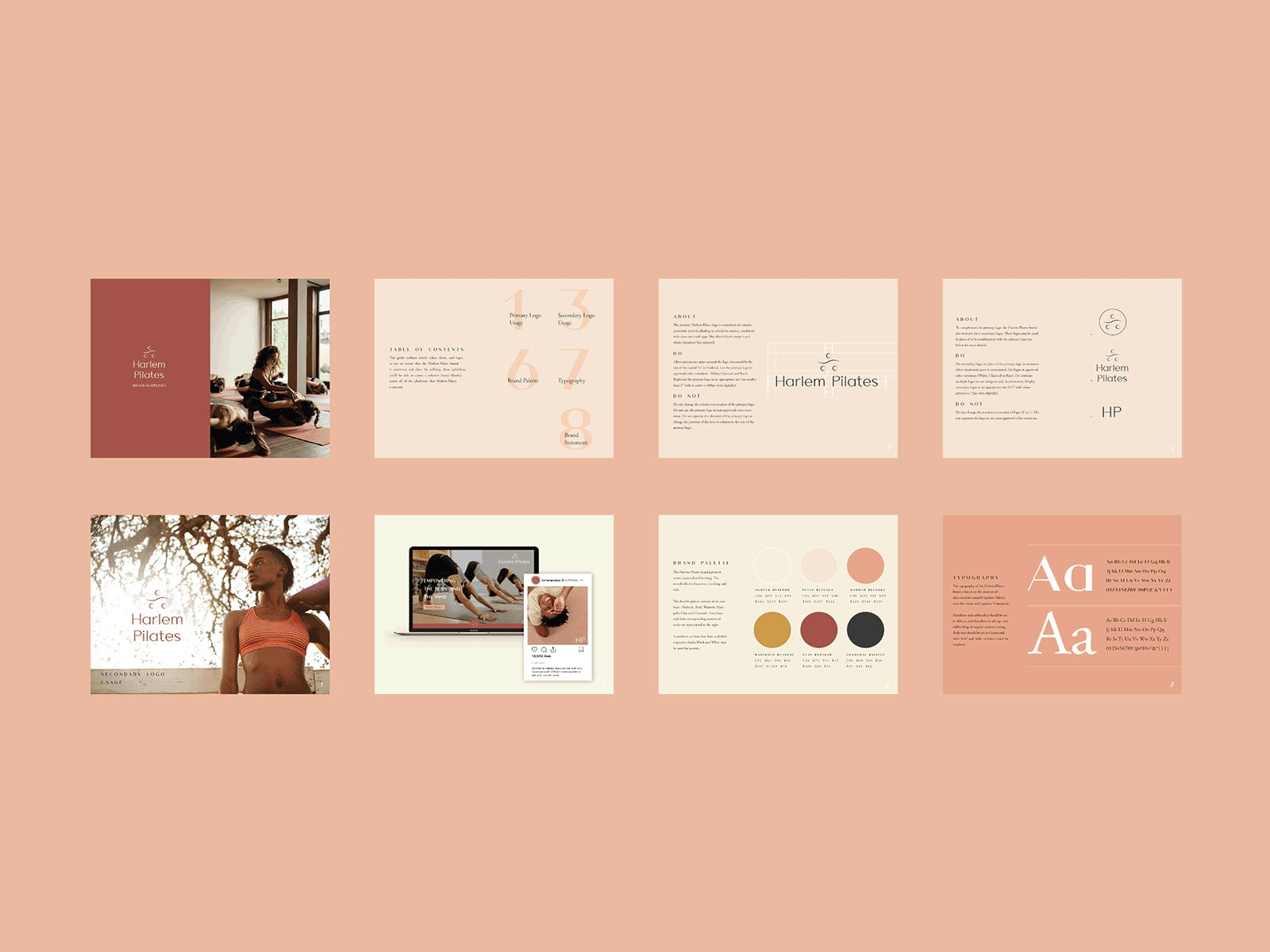 Harlem Pilates Brand Guidelines brand design brand designer brand guidelines branding branding agency branding and identity branding concept editorial editorial design editorial layout fitness brand layout logo logo concept logo design pilates styleguide wellness yoga