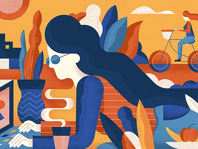 Study Scene bike color dallas illustration nature oakcliff patterns scene shapes texas vintage woman