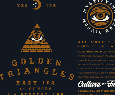 GOLDEN TRIANGLE badge beer branding branding identity illuminati illustration ouija packaging pizza typography vector