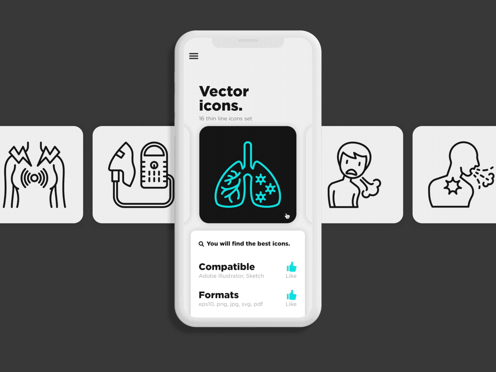 Asthma | 16 Thin Line Icons Set allergen animated animated gif animation asthma attack bronchus chest cough diaphragm dyspnea hand healthy hives icon inflamed man pain sputum wheezing