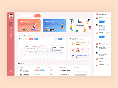 Program and task management dashboard adobe xd analytics chart dashboad dashboard app dashboard design dashboard ui icon illustration ingeniouspixel interaction interaction design management app sport task task list task management ui ux yoga