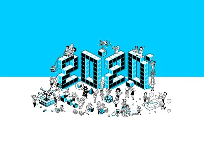Illustration for "The state of UX in 2020" report 2020 blue and white detail editorial gus morais gusmorais illustration infographic isometric minimalist new year pixel art retrospective reveillon seek and find