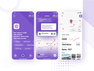 Disaster Concierge App ESP app chat concierge conversational conversational ui design disaster disaster app gradient map messaging mobile app purple ui ux uxui