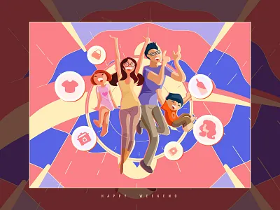 Happy weekend～Happy family～ children clock dance design family happy harmonious home illustration music parents shopping ui warm weekend