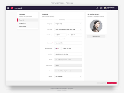 Renaizant • User Profile Settings avatar c322 concept322 feature integrations notifications oleksiikovalov preferences product design renaizant settings tools user experience user interface user pic user profile valor software volavokiiskelo web application