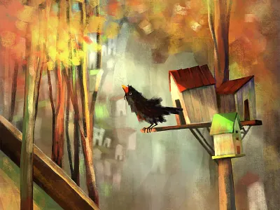 black bird agency autumn bird black blur brown digital epic epicagency forest green hut illustration light procreate red tree yellow
