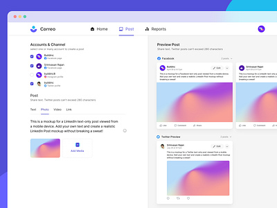Correo | Create Post app buildinc creative design manager media post preview product rajan saas schedule social srinivasan ui ux web