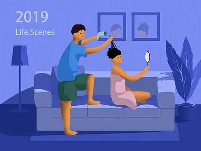 Life Scenes 2019 cat illustration sofa table lamp tree