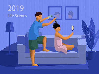 Life Scenes 2019 cat illustration sofa table lamp tree