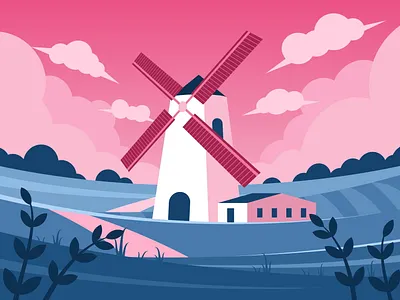 Landscape with windmill architecture building canal country countryside culture destination energy famous farm field flowers illustration landscape mill summer vector village wind windmill