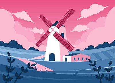 Landscape with windmill architecture building canal country countryside culture destination energy famous farm field flowers illustration landscape mill summer vector village wind windmill