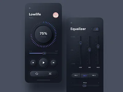 Skeuomorphic Music Player Dark Theme app design eq equalizer ios iosapp iphone mobile mobileapp music player settings sketch ui ux