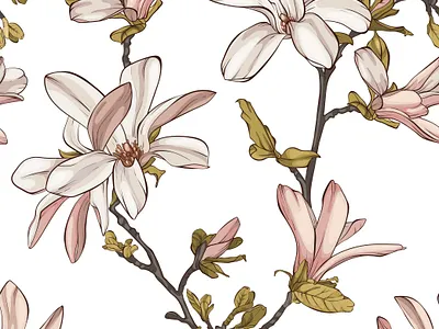 Seamless pattern with beautiful spring magnolia flowers. design drawing flower magnolia pattern spring vector