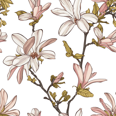 Seamless pattern with beautiful spring magnolia flowers. design drawing flower magnolia pattern spring vector