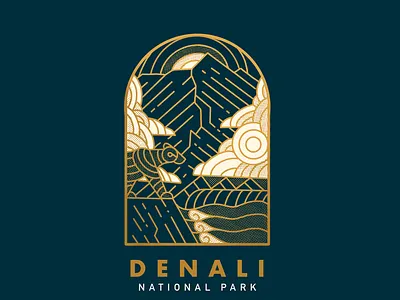 Denali National Park badge badge design badges blue design gold illustration line art travel