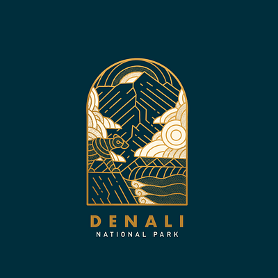 Denali National Park badge badge design badges blue design gold illustration line art travel