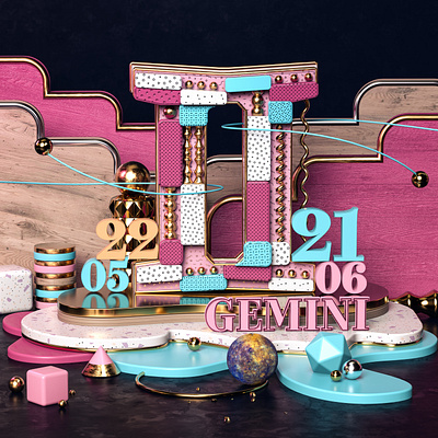 Gemini 3d 3d art 3dgraphics 3dscene 3dsmax astrology blue c4d cinema4d compostition design gold illustration octane octanerender pink space typogaphy vray zodiac