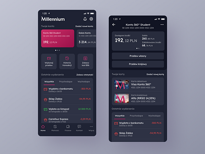 Millenium Bank App Redesign - Home & Account screens - in Dark app application bank app banking design finance finance app interface ui ux