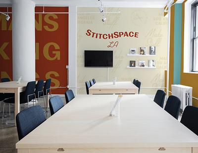 Stitchspace Wall Murals brand design branding branding agency interior design interiors logo logo concept logo design los angeles makers makerspace mural mural design typography wall mural