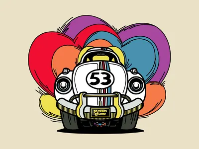 Herbie Love (50th Anniversary) 1960s 60s automobile beetle bug car cartoon comic fully loaded goes bananas goes to monte carlo heart herbie illustration love race retro rides again transporation vintage