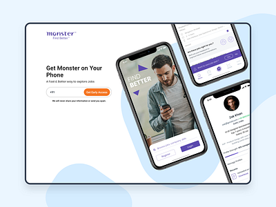 Monster - Get Monster on your phone android app app design iphone job job details job portal jobs landing page design minimal mobile monster monsterindia phone recruiter seeker webpagedesign website design zayeem