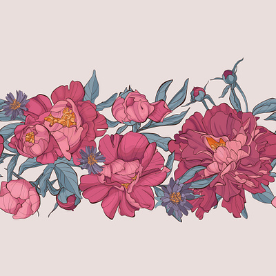 Horizontal pattern with peony flowers for decor. decor drawing flower horizontal peonies peony seamless
