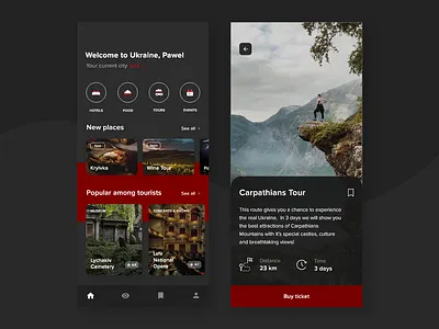 Visit Ukraine App booking concept dark design icon interface mountains tour travel trip ui ukraine ux
