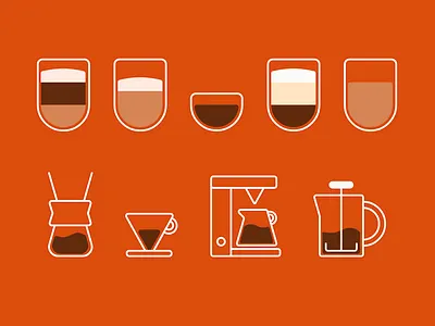Coffee Icons brewing brewing method cappuccino chemex coffee coffee cup coffee maker drip coffee espresso flat white french press iconset illustrations illustrator latte minimal simple vector