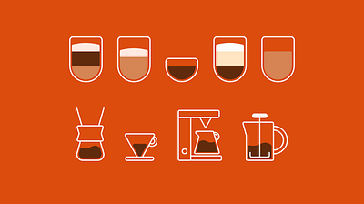Coffee Icons brewing brewing method cappuccino chemex coffee coffee cup coffee maker drip coffee espresso flat white french press iconset illustrations illustrator latte minimal simple vector
