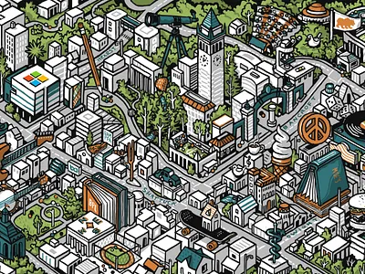 Berkeley map illustration - crop1 architecture building color digital drawing illustration isometric line mural wacom