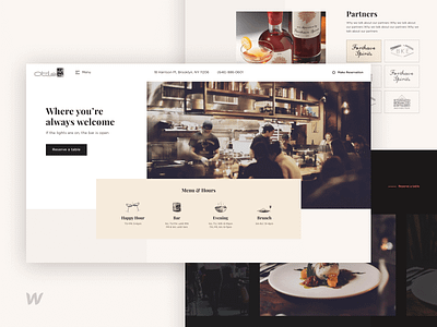Brooklyn restaurant - Otis bar coctail cozy design first screen flat food fullscreen hero section icons menu restaurant ui warm webflow