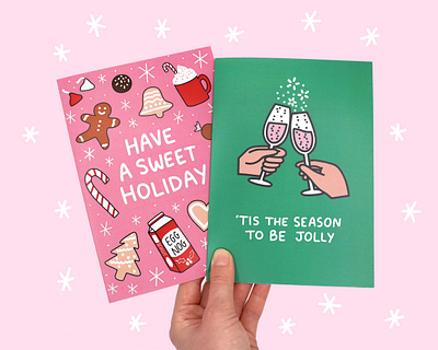 'Tis the season to be jolly candy cane champagne toast christmas card cookies cute digital illustration egg nog gingerbread man greeting card design holiday treats pink and green