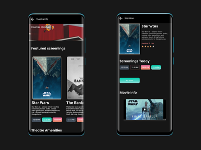 Cinema App app appdesign cinema concept dark darkapp darkmode darkui design info screendesign theatres ui uidesign ux wip