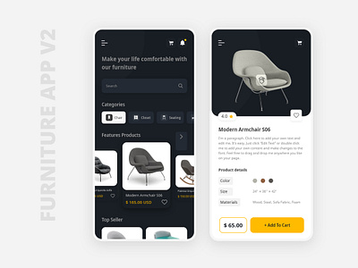 Furniture App v2 Dark app design delivery design e commerce app ecommerce mobile online shop online shopping ui ux