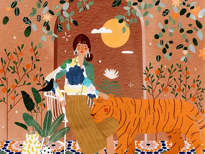 Moroccan mood 💚 animal female character illustration illustration art illustrator kids illustration maroc moroccan morocco pattern plant illustration tiger