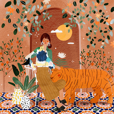 Moroccan mood 💚 animal female character illustration illustration art illustrator kids illustration maroc moroccan morocco pattern plant illustration tiger