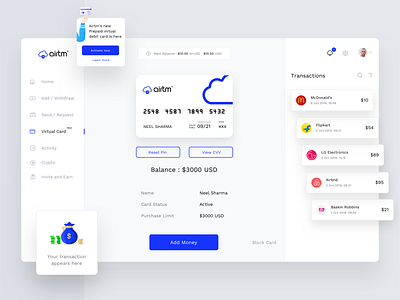 Airtm Virtual card home account addmoney advertisement app balance card icon illustration money neel pin prakhar prepaidvirtualdebitcreditcard purchase sharma transaction ui user ux web