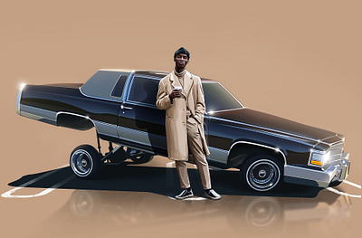 White John with 1983 Cadillac Brougham 2d animation car advertising design digital painting fashion fashion illustration gas station illustration road style