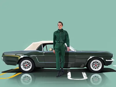 Bobby Milk with 1965 Mustang Convertible 2d design digital painting fashion design fashion illustration gas station illustration old school road style