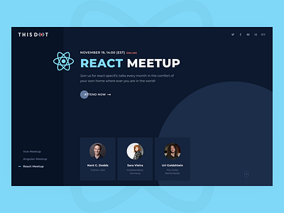 JS meetups angular clean conference design event flat framework frameworks interaction js meetup react responsive speakers talk vue web webflow
