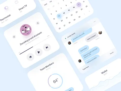 App widgets / UI Elements app application blue calendar chart clean colors design minimal mobile music player round shadow smart smarthome ui ux white widgets